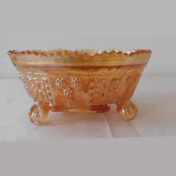 Vintage Fenton Glass Carnival Iridescent Butterfly and Berry Panther Footed Bowl - Picture 1 of 8